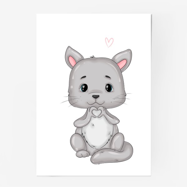 Постер «Милый серый кот делает лапками сердечко.»
