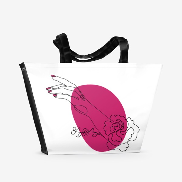Пляжная сумка «Рука с цветком и ярко розовое пятно минимализм»
