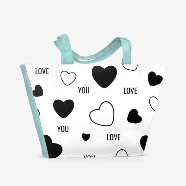 Пляжная сумка «Черно-белый паттерн с сердцами и надписью»