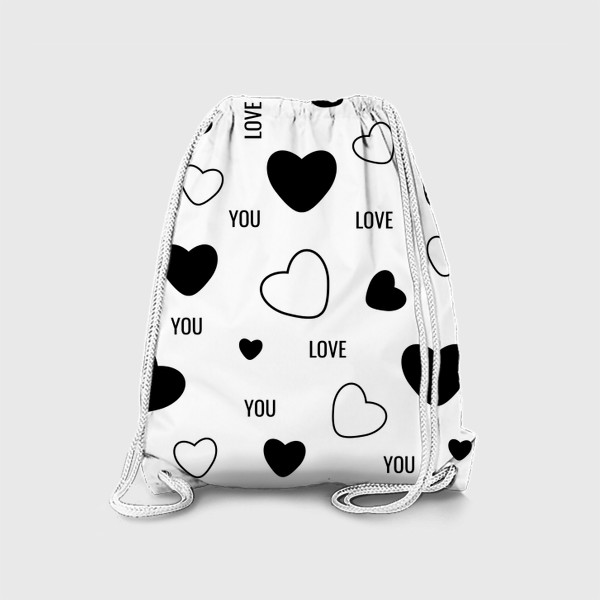 Рюкзак «Черно-белый паттерн с сердцами и надписью»