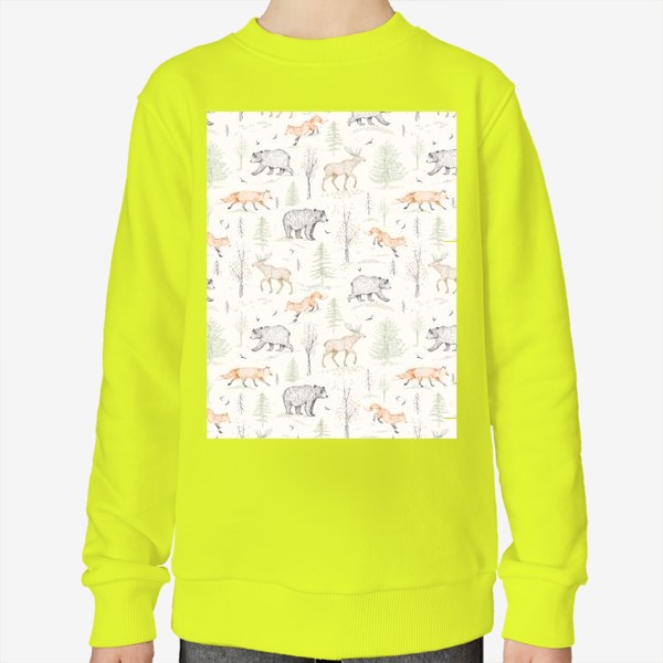 Свитшот «Графичный нарисованный вручную бесшовный фон. Скандинавский лес, лесные животные-медведь, лиса, лось, ели. Детские обои»