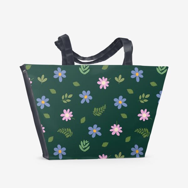 Пляжная сумка «Цветы и листья на зелёном фоне Цветочный принт Садовые цветы»