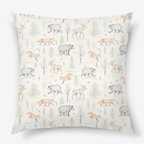 Подушка &laquo;Графичный нарисованный вручную бесшовный фон. Скандинавский лес, лесные животные-медведь, лиса, лось, ели. Детские обои&raquo;