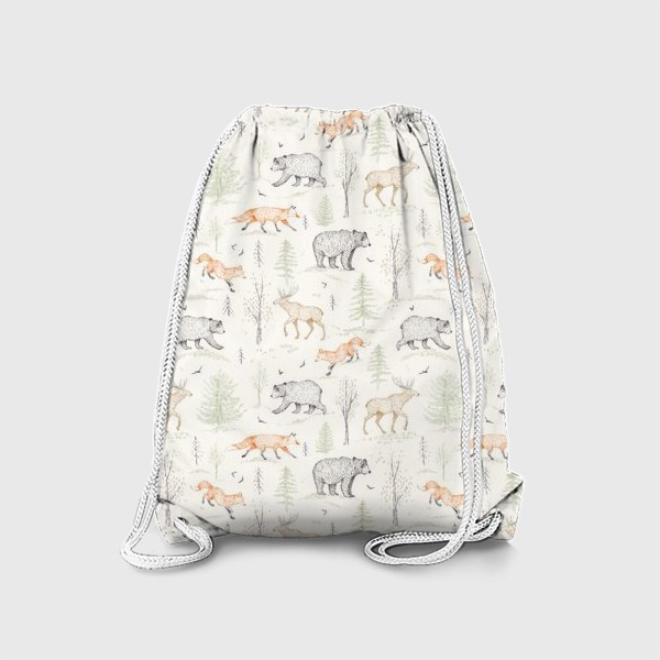 Рюкзак «Графичный нарисованный вручную бесшовный фон. Скандинавский лес, лесные животные-медведь, лиса, лось, ели. Детские обои»