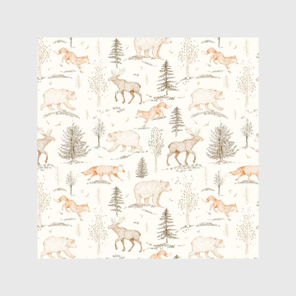 Шторы «Графичный нарисованный вручную бесшовный фон. Скандинавский лес, лесные животные-медведь, лиса, лось, ели. Детские обои»