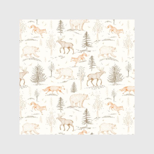 Скатерть &laquo;Графичный нарисованный вручную бесшовный фон. Скандинавский лес, лесные животные-медведь, лиса, лось, ели. Детские обои&raquo;