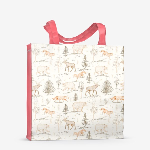 Сумка-шоппер &laquo;Графичный нарисованный вручную бесшовный фон. Скандинавский лес, лесные животные-медведь, лиса, лось, ели. Детские обои&raquo;