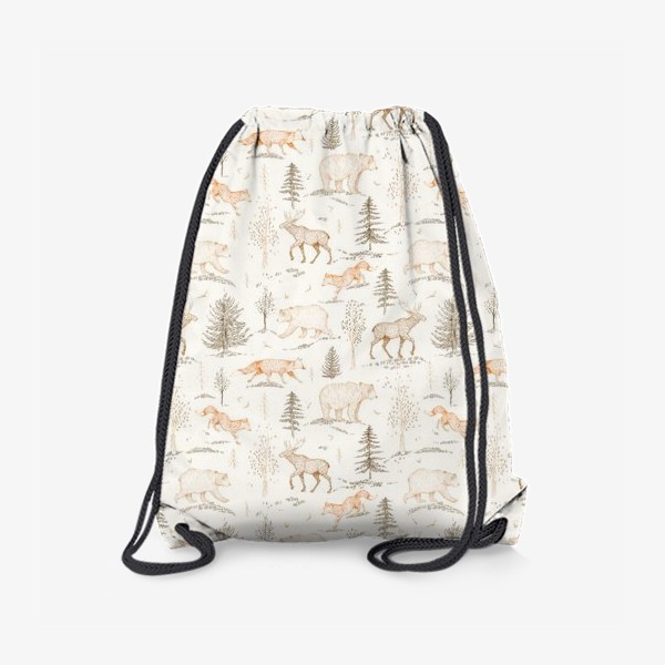 Рюкзак «Графичный нарисованный вручную бесшовный фон. Скандинавский лес, лесные животные-медведь, лиса, лось, ели. Детские обои»