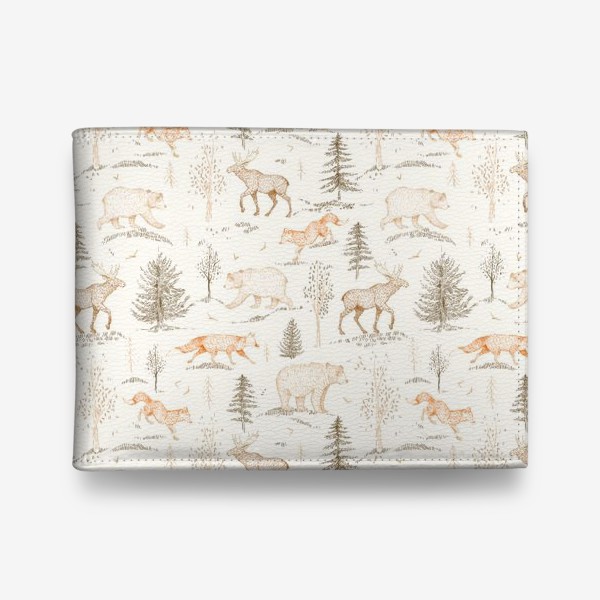 Кошелек «Графичный нарисованный вручную бесшовный фон. Скандинавский лес, лесные животные-медведь, лиса, лось, ели. Детские обои»