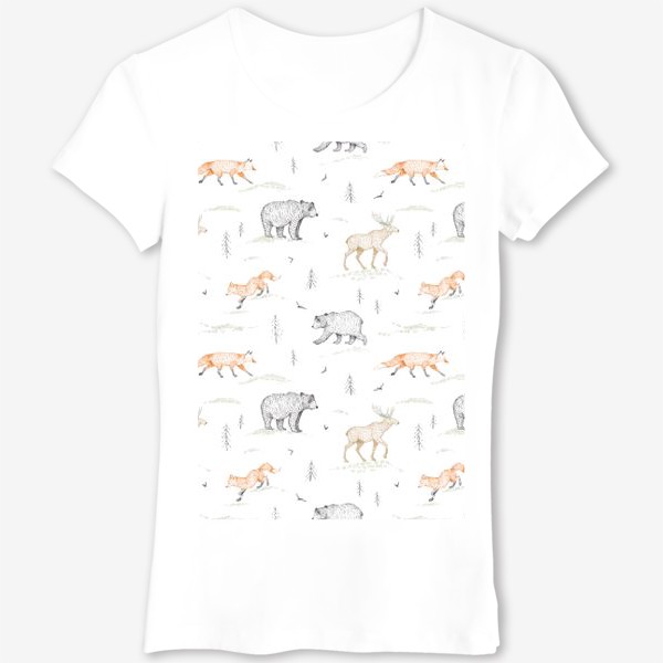 Футболка &laquo;Графичный нарисованный вручную бесшовный фон. Скандинавский лес, лесные животные-медведь, лиса, лось, ели. Детские обои&raquo;