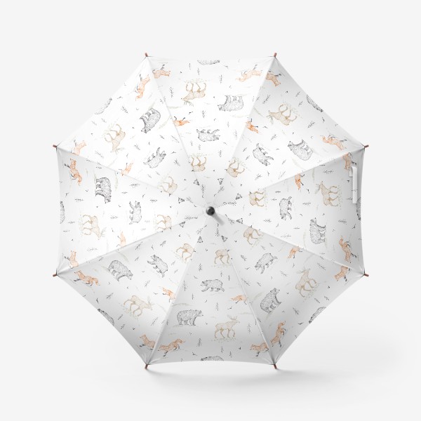 Зонт &laquo;Графичный нарисованный вручную бесшовный фон. Скандинавский лес, лесные животные-медведь, лиса, лось, ели. Детские обои&raquo;