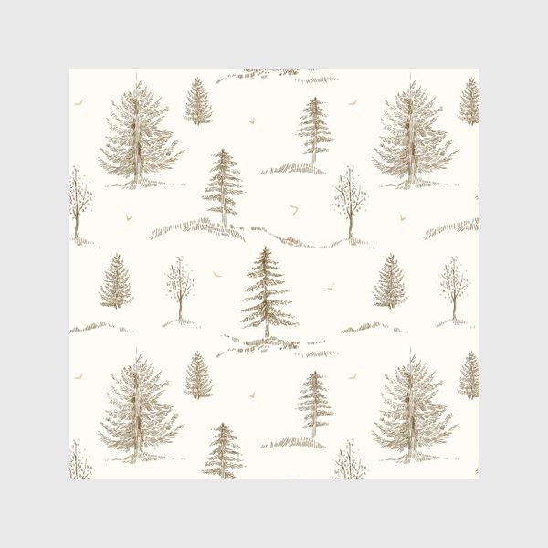 Шторы &laquo;Графичный нарисованный вручную бесшовный фон. Скандинавский лес, хвойные деревья, ели. Сепия. Детские обои&raquo;