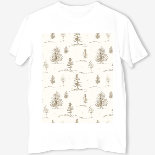 Футболка &laquo;Графичный нарисованный вручную бесшовный фон. Скандинавский лес, хвойные деревья, ели. Сепия. Детские обои&raquo;