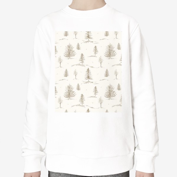 Свитшот «Графичный нарисованный вручную бесшовный фон. Скандинавский лес, хвойные деревья, ели. Сепия. Детские обои»