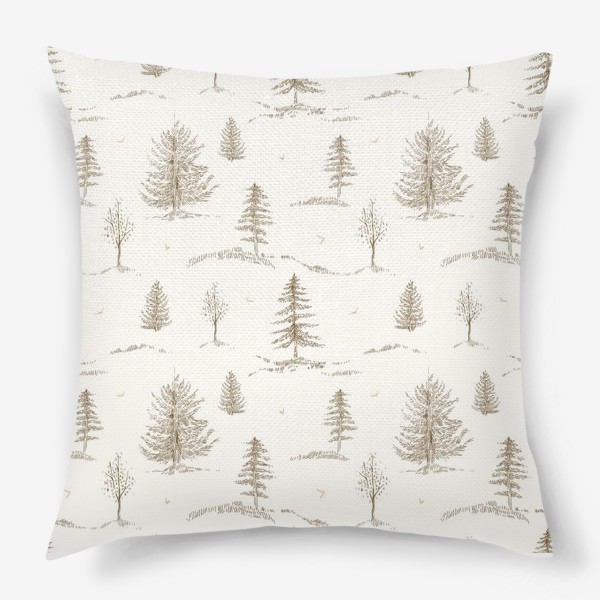 Подушка «Графичный нарисованный вручную бесшовный фон. Скандинавский лес, хвойные деревья, ели. Сепия. Детские обои»