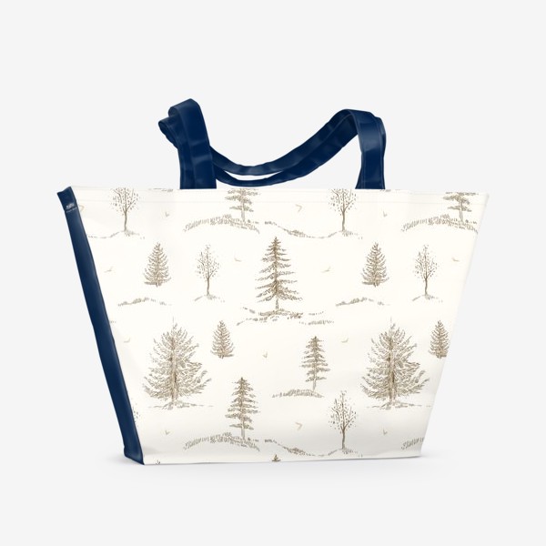 Пляжная сумка «Графичный нарисованный вручную бесшовный фон. Скандинавский лес, хвойные деревья, ели. Сепия. Детские обои»