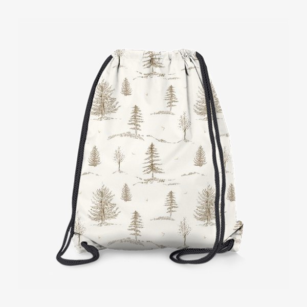 Рюкзак «Графичный нарисованный вручную бесшовный фон. Скандинавский лес, хвойные деревья, ели. Сепия. Детские обои»