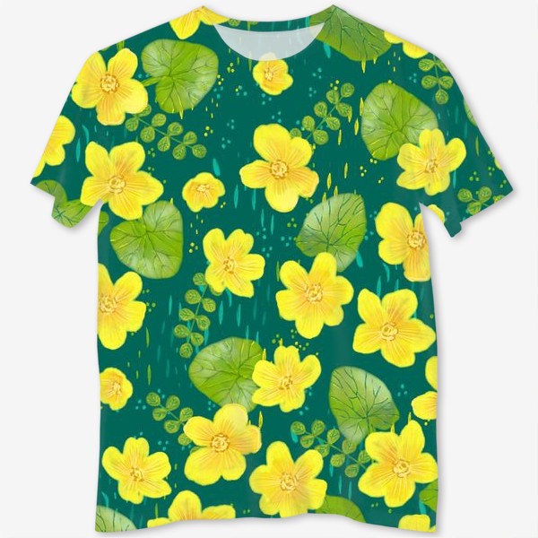Футболка с полной запечаткой &laquo;Калужница болотная. Весенний желтый цветок на зеленом фоне&raquo;