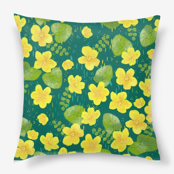 Подушка &laquo;Калужница болотная. Весенний желтый цветок на зеленом фоне&raquo;