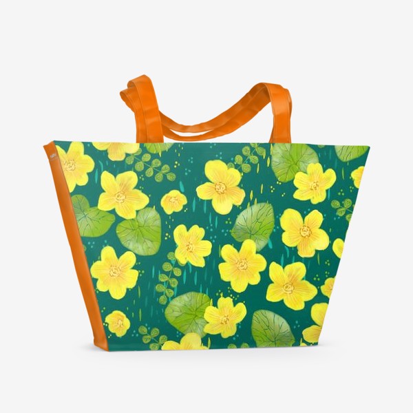 Пляжная сумка &laquo;Калужница болотная. Весенний желтый цветок на зеленом фоне&raquo;