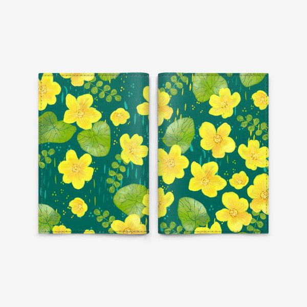 Обложка для паспорта «Калужница болотная. Весенний желтый цветок на зеленом фоне»