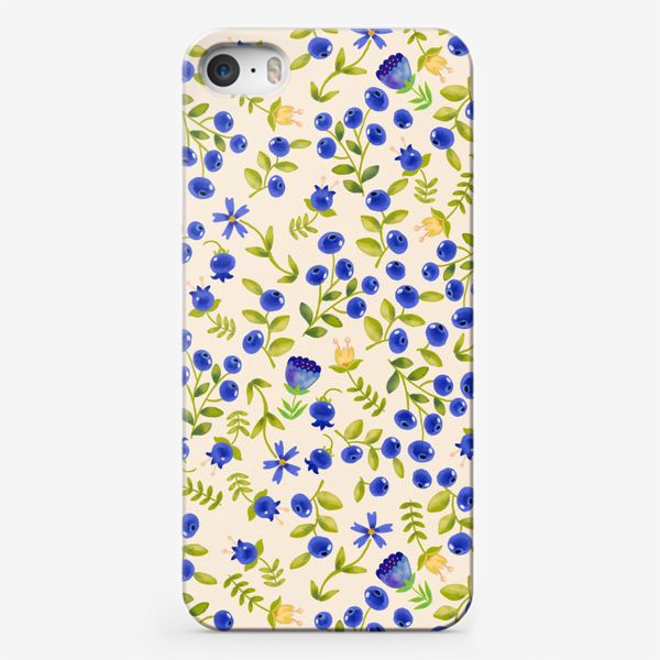 Чехол iPhone «Ягоды черники и цветы в лесу. Синий и охристые цвета.»