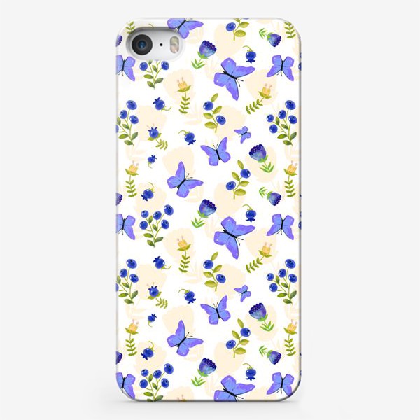 Чехол iPhone «Бабочки и цветы. Синий и охристые цвета.»