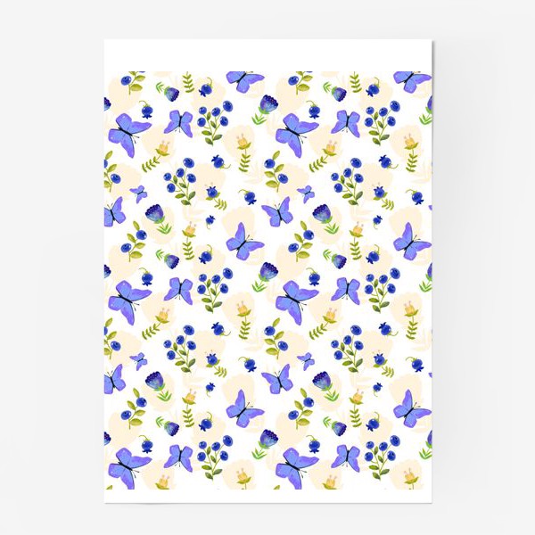 Постер «Бабочки и цветы. Синий и охристые цвета.»
