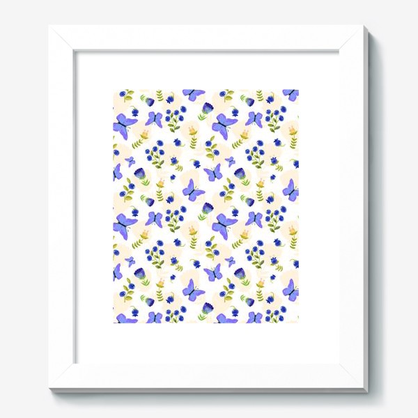Картина «Бабочки и цветы. Синий и охристые цвета.»