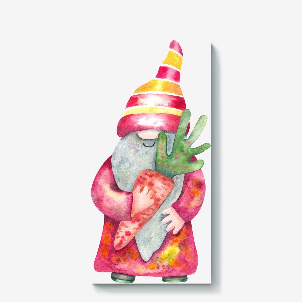 Холст «Гном с морковкой акварельная иллюстрация»