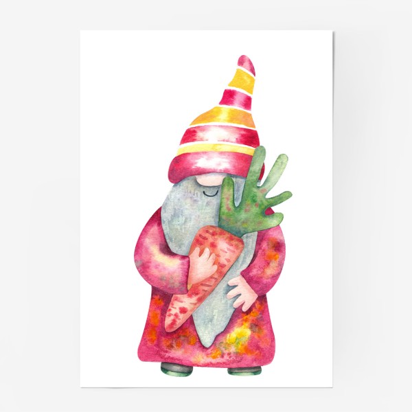 Постер «Гном с морковкой акварельная иллюстрация»