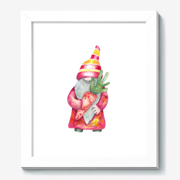 Картина «Гном с морковкой акварельная иллюстрация»