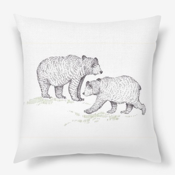 Подушка &laquo;Графичная нарисованная вручную скандинавская детская иллюстрация. Лесные животные мишки. Два медведя&raquo;