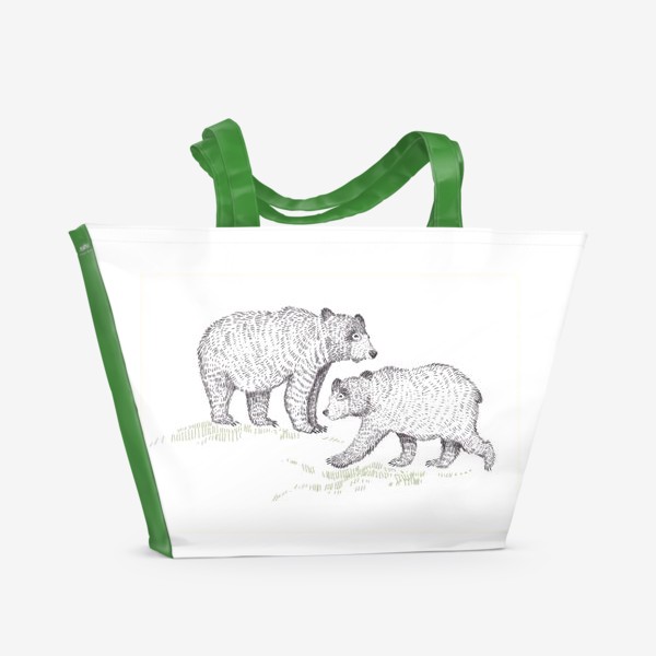 Пляжная сумка «Графичная нарисованная вручную скандинавская детская иллюстрация. Лесные животные мишки. Два медведя»