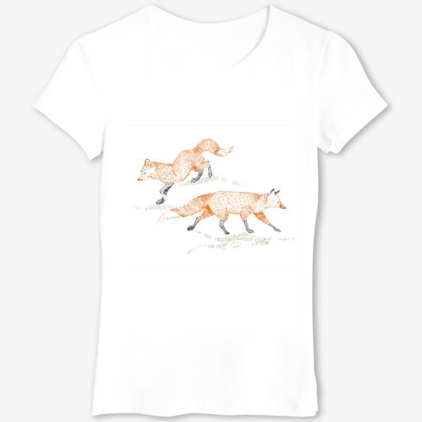 Футболка &laquo;Графичная нарисованная вручную скандинавская детская иллюстрация. Лесные животные рыжие лисы. Две лисицы&raquo;