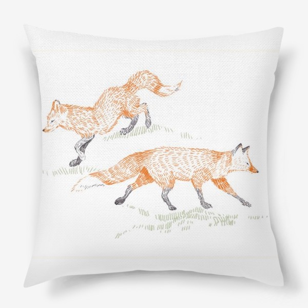 Подушка &laquo;Графичная нарисованная вручную скандинавская детская иллюстрация. Лесные животные рыжие лисы. Две лисицы&raquo;