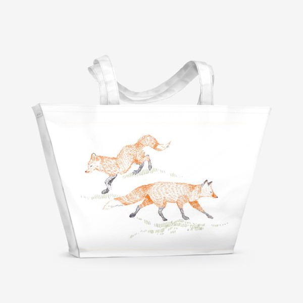 Пляжная сумка &laquo;Графичная нарисованная вручную скандинавская детская иллюстрация. Лесные животные рыжие лисы. Две лисицы&raquo;