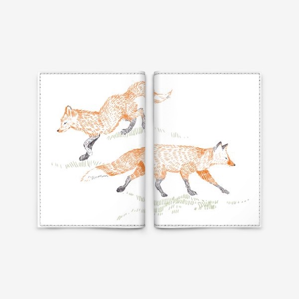 Обложка для паспорта «Графичная нарисованная вручную скандинавская детская иллюстрация. Лесные животные рыжие лисы. Две лисицы»