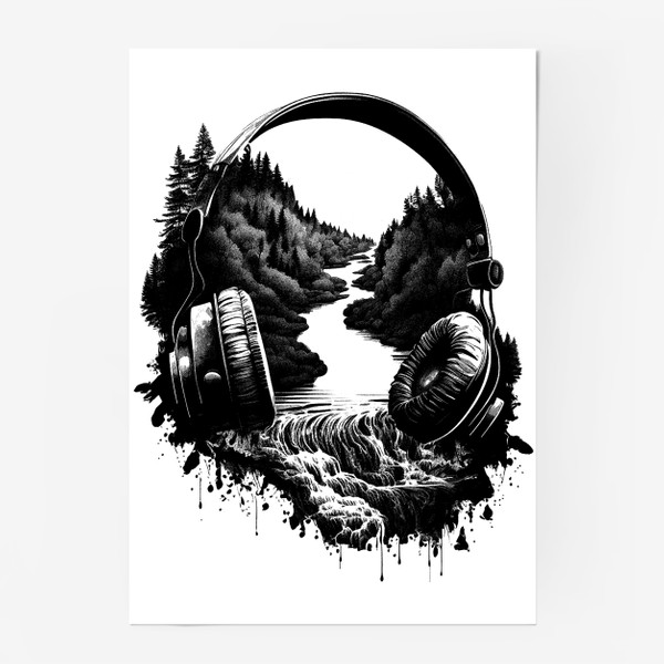 Постер «Наушники и лесной пейзаж»
