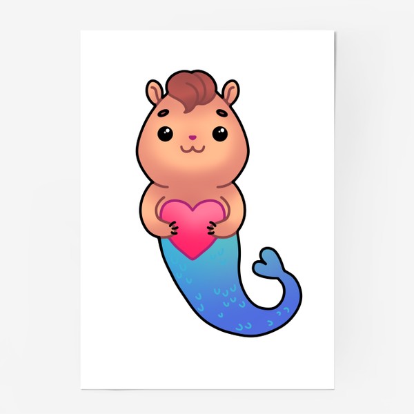 Постер «Хомяк - русалочка влюбленный с сердцем в японском стиле, кавайный персонаж»