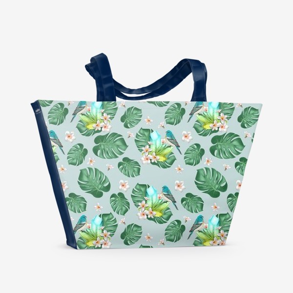 Пляжная сумка «Тропические листья с желтым кристаллом на зеленом фоне»