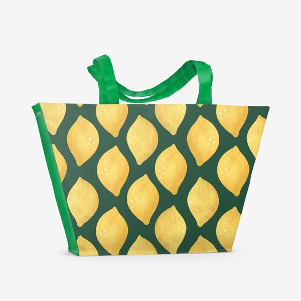 Пляжная сумка &laquo;Лимоны на зелёном фоне Яркий лимонный геометрический принт &raquo;