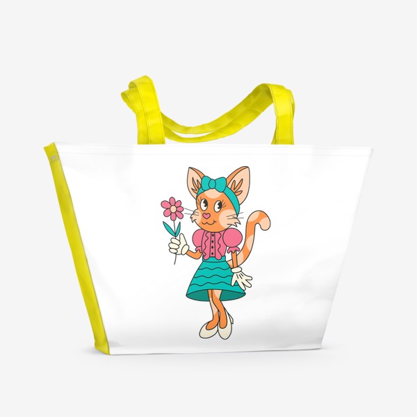 Пляжная сумка «Мультяшная ретро кошка с цветком»