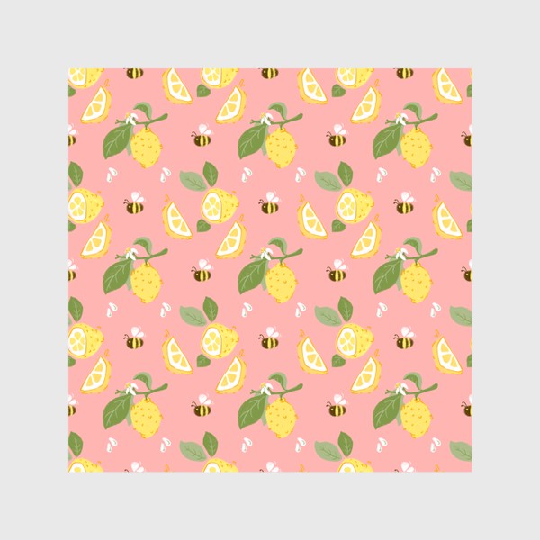 Шторы &laquo;Лимон на розовом фоне с цветами и пчёлами&raquo;
