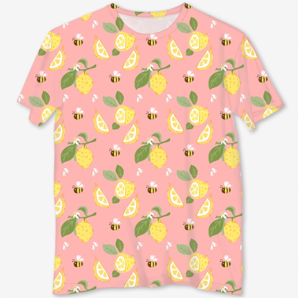 Футболка с полной запечаткой «Лимон на розовом фоне с цветами и пчёлами»
