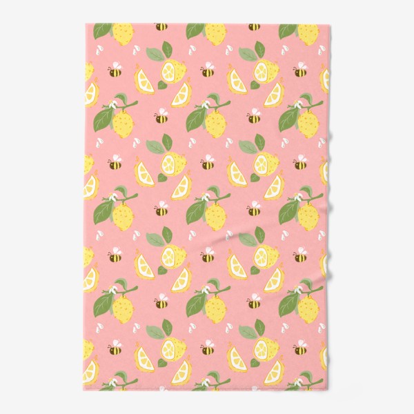 Полотенце &laquo;Лимон на розовом фоне с цветами и пчёлами&raquo;