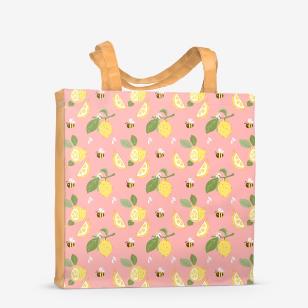 Сумка-шоппер &laquo;Лимон на розовом фоне с цветами и пчёлами&raquo;