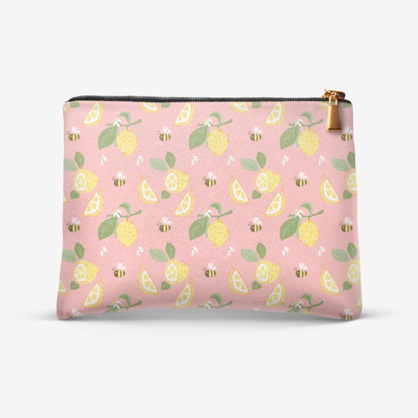 Косметичка «Лимон на розовом фоне с цветами и пчёлами»