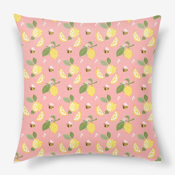 Подушка «Лимон на розовом фоне с цветами и пчёлами»