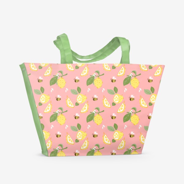 Пляжная сумка &laquo;Лимон на розовом фоне с цветами и пчёлами&raquo;